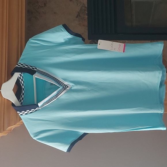 Lucky in Love Tops - Lucky in Love Geo Mod Notch short sleeve Golf Shirt Light Blue Size L